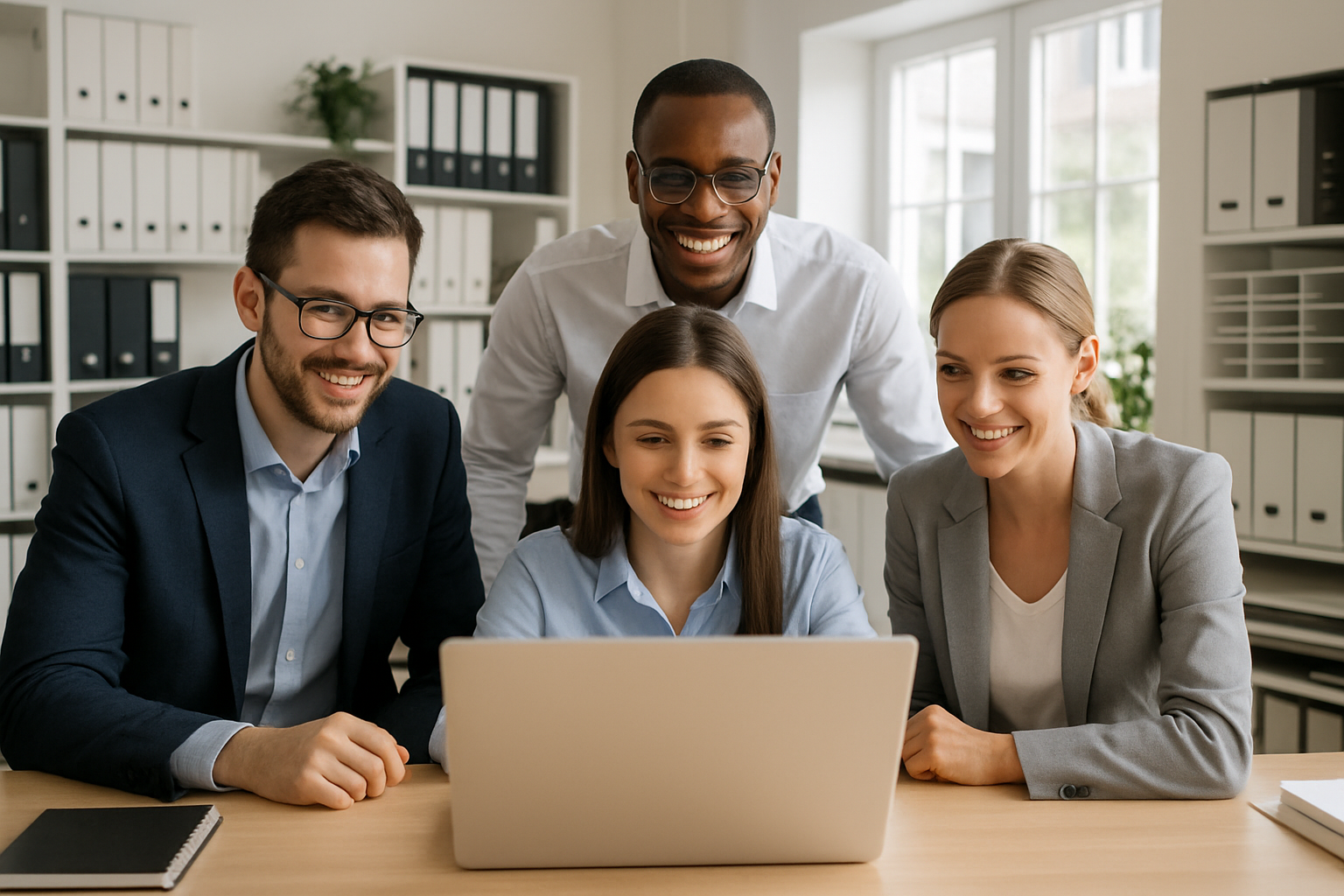 A team in a very tidy organised office overlooking a laptop-1