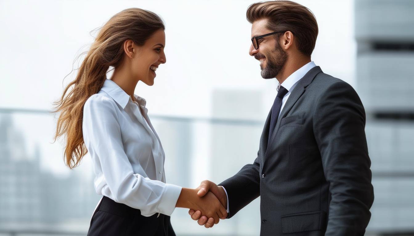 businessman and businesswoman shaking hands